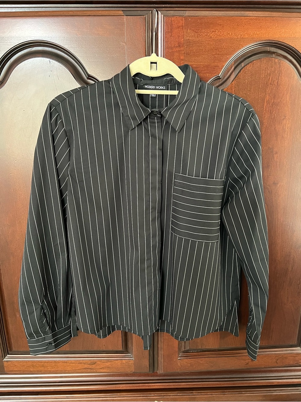 Modern Work Black Pinstripe Button-Down Blouse
